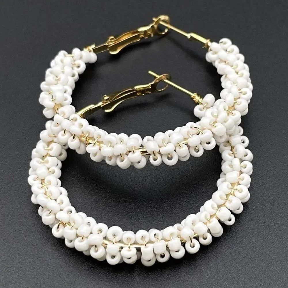 Yellow Gold Wire Wrapped White Beaded Open Round Hinged Post Hoop Earrings